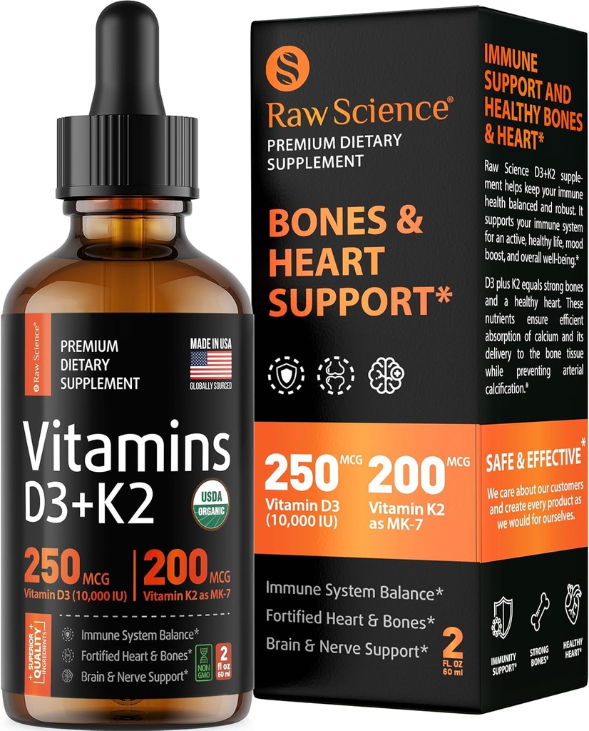 Flydende vitamin D3 K2 10000 iu & 200 mcg - Vitamin D med MK7 Vitamin K2 Drops - Knogledensitet & hjertets støtte flydende vitaminer til kvinder & mænd, høj Absorption Vit K2 D3 Vitamin supplement - 2 fl oz