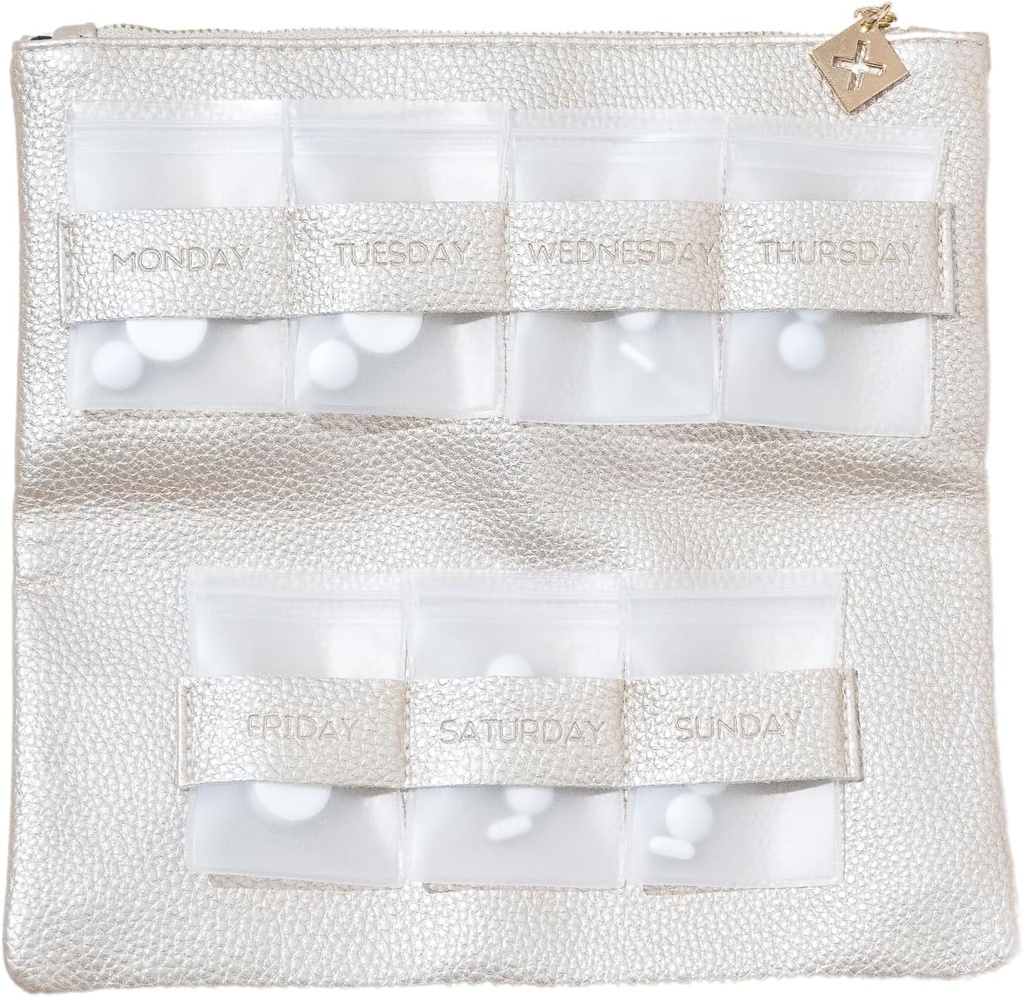 Dosey Gold Era 7-Day Pill Purse - Vegansk læder Daily Pill Organizer - Luksus Travel Pouch, Airtensive Pill Pockets til Medicine Storage & Protection - Stilfuld Pill Sorter & Medicin Organizer - Guld