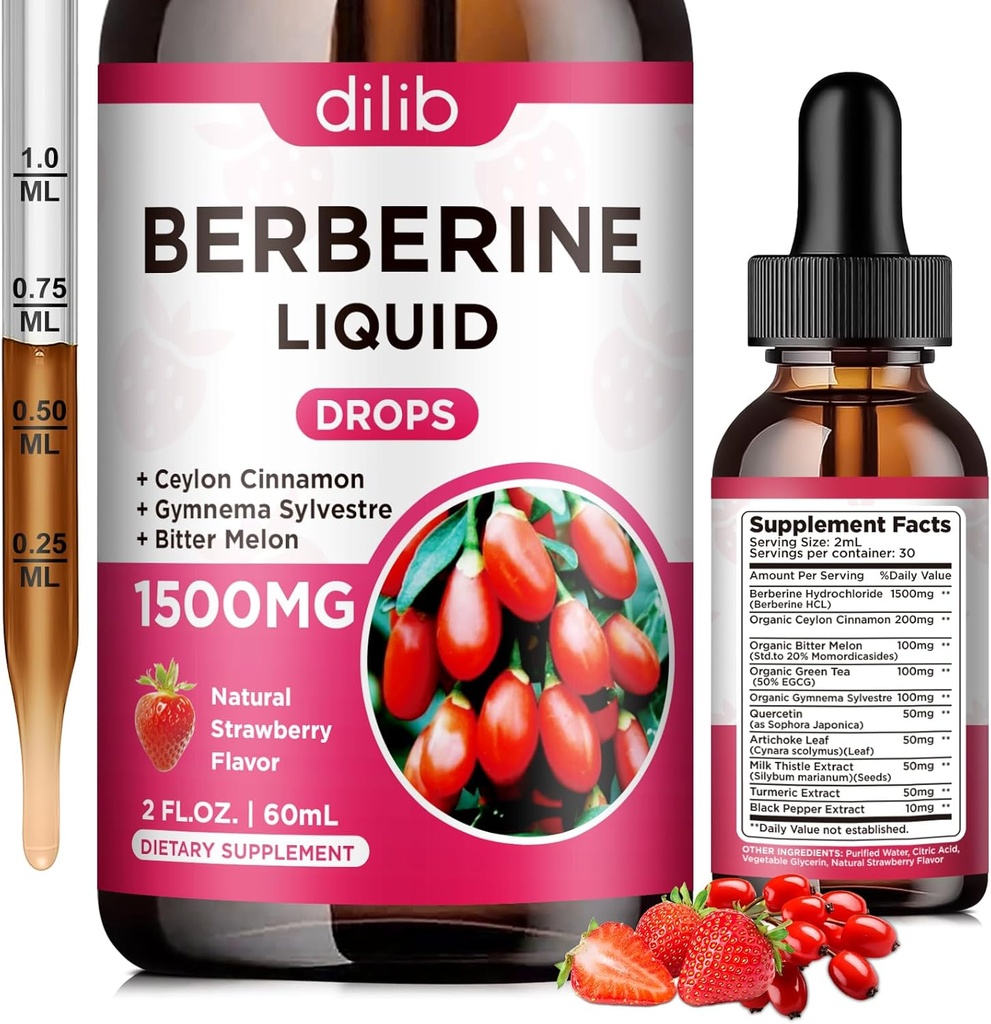 Berberine supplement flydende dråber - Berberine HCL 1500mg med Ceylon Cinnamon, Bitter Melon, Gymnema Sylvestre for immun, fordøjelsessystem & hjerte sundhed, naturlige jordbær flavor, 2 Fl Oz