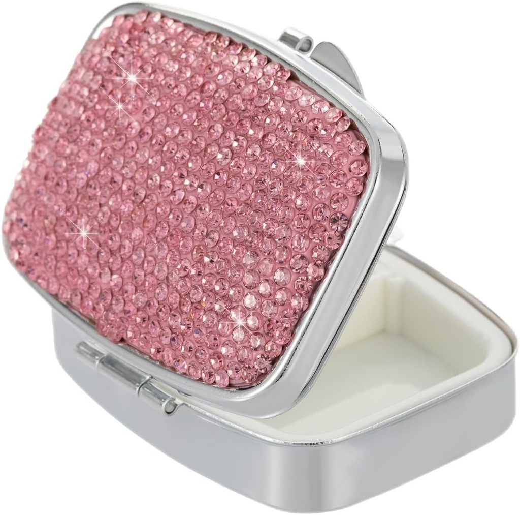 Pill Organizer Rejser, Square Lille Metal Pill Box Case, Compact Medicin Vitamin Container, Bærbar Pill Holder Flaske til kvinder (Pink)