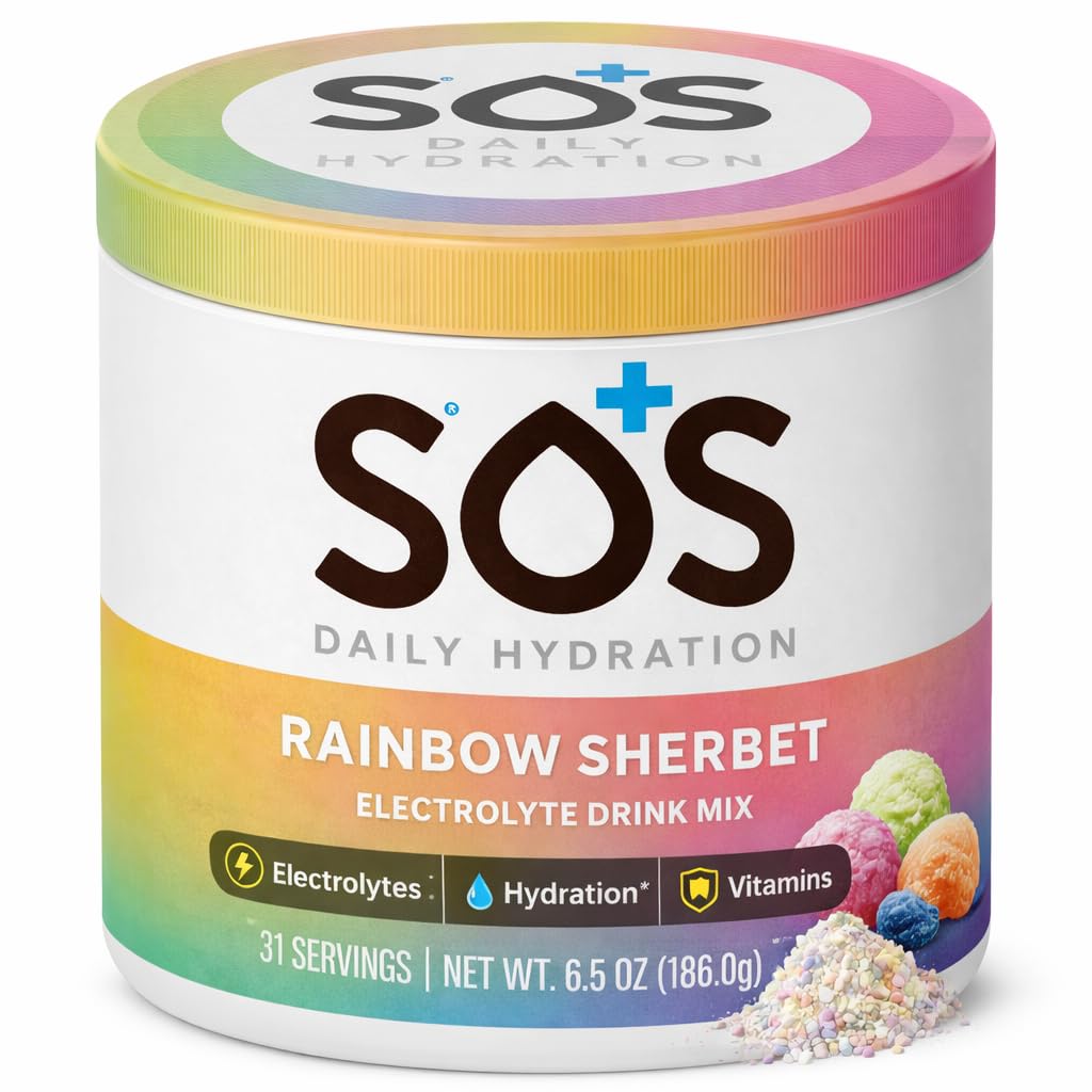 SOS Hydration Electrolyte Powder Drink Mix 124; 31 Servings • 124; Lavsukker • 124; 15 kalorie • 124; Keto-Friendly & Rapid Rehydration • 124; Rainbow Sherbert
