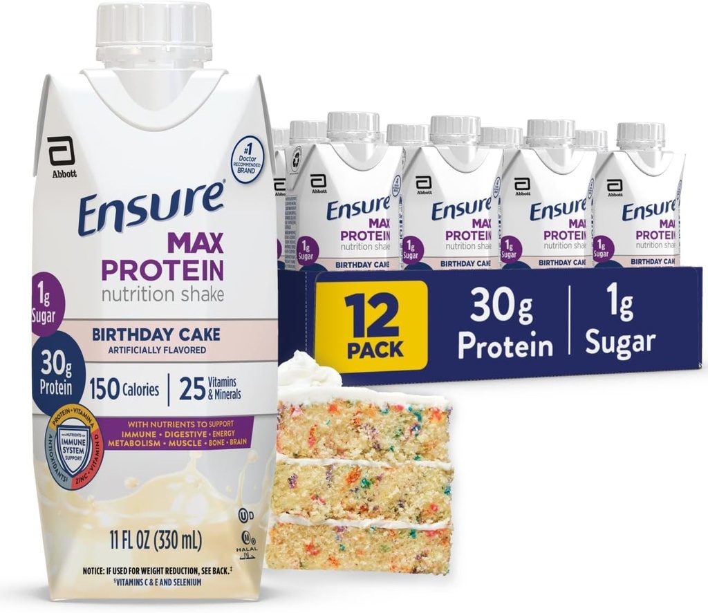 Sikre Max Protein Shake 124; Fødselsdagskage 124; Klar til at drikke 124; 30g Protein til muskel sundhed • 124; 1g Sukker, 4g Fiber • 124; 11 fl oz, 12 Pack