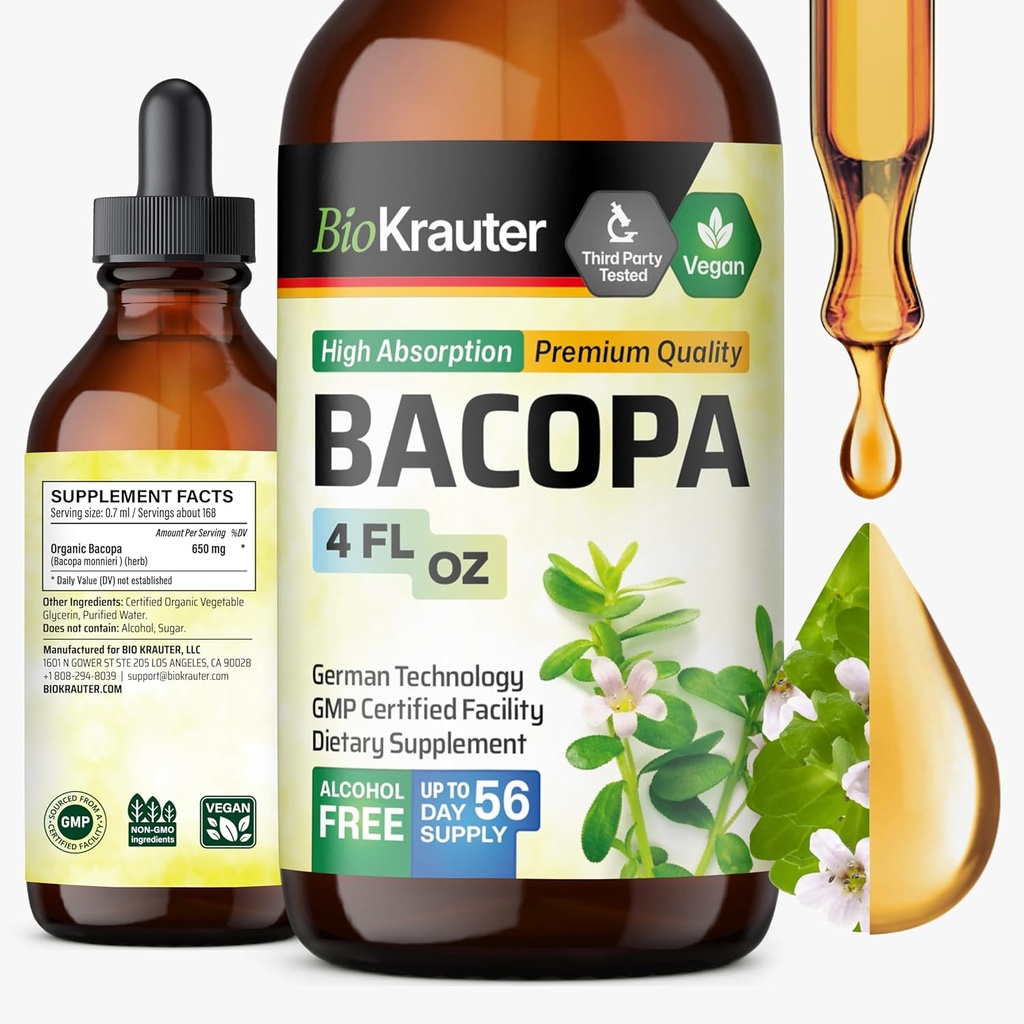 BIO KRAUTER Bacopa Monnieri Supplement Flydende - Brahmi - Alkohol & Sukker Free Liquid Bacopa Herb Drops 4 Fl.Oz.