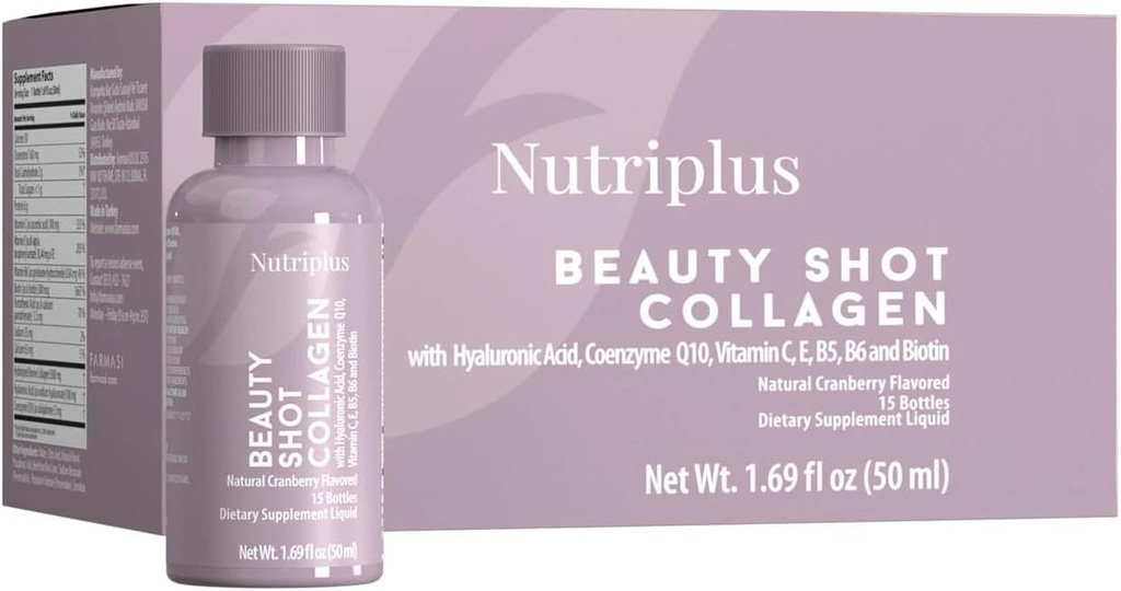 FARMASi Nutriplus Beauty Shot Collagen – Type I & III Collagen with Hyaluronic Acid, Biotin & Vitamins, Sugar-Free Cranberry Flavor, 1.69 fl oz x 12 Shots