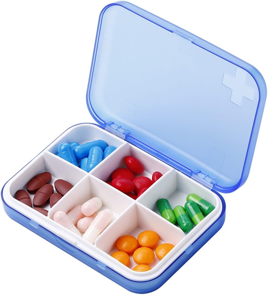 Bærbar pille Organizer - Slim Pill Box til punge eller rejser, Compact Pill Case (6 Segment, Blå)