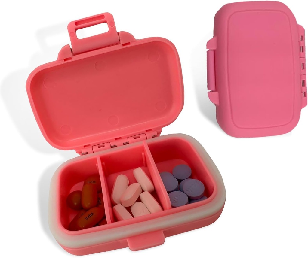 Travel Pill Organizer - Holdbar, Vandtæt Pill Case Rejsestørrelse med 3 Compact Pill Travel Case for Vitaminer, Kosttilskud, Medicin - Travel Pill Container for Purse (Pink)