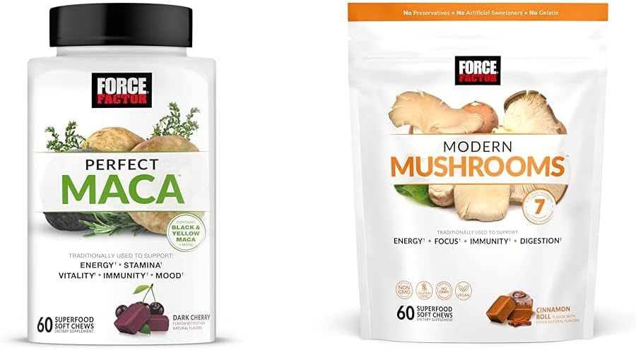 Force Factor Maca & Mushroom Kosttilskud med 7 svampe, Maca Root, Vitaminer, 60 bløde tygge Hver