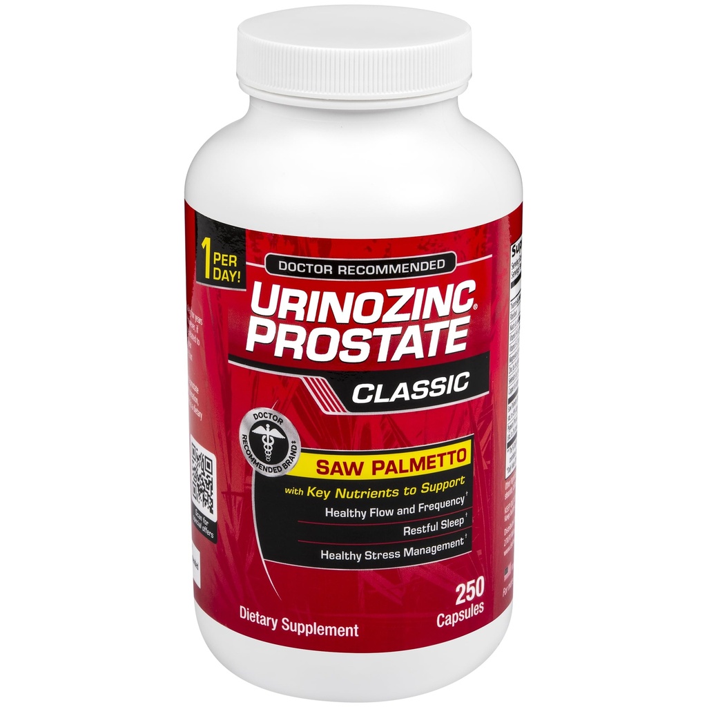 Urinozink Classic prostata supplement til mænd, 1 Kapsel per dag, Saw Palmetto & B Vitaminer (Over 8 Måned Supply, 250 Tæl)