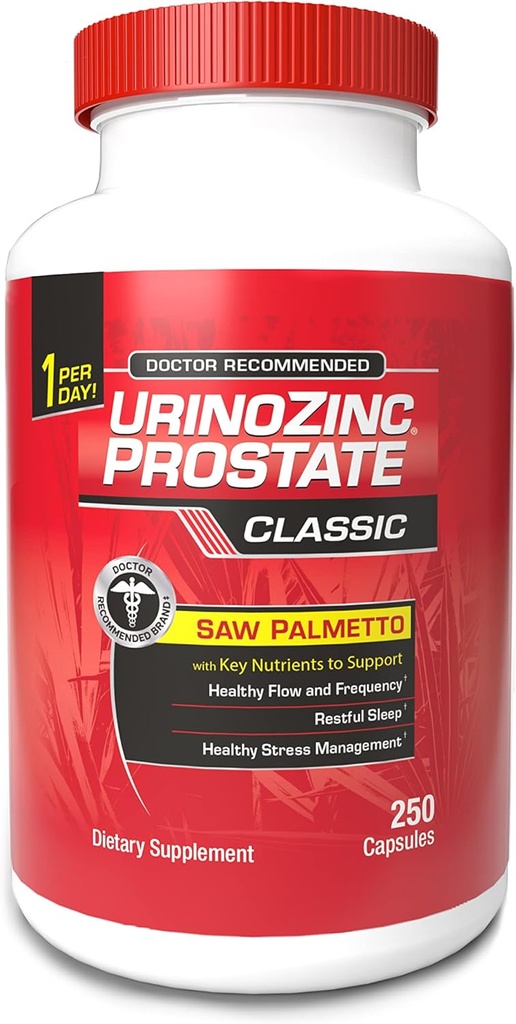 Urinozink Classic prostata supplement til mænd, 1 Kapsel per dag, Saw Palmetto & B Vitaminer (Over 8 Måned Supply, 250 Tæl)