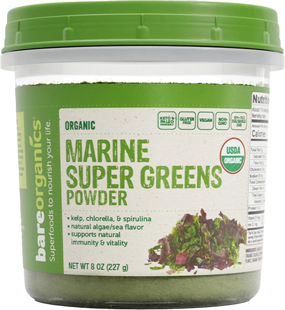 BareOrganics Marine Super Green Powder Б124; USDA Organic, Gluten- Free, Vegan, Non- GMO, BPA- Free Б124; Kelp, Chlorella, Spirulina, 8oz