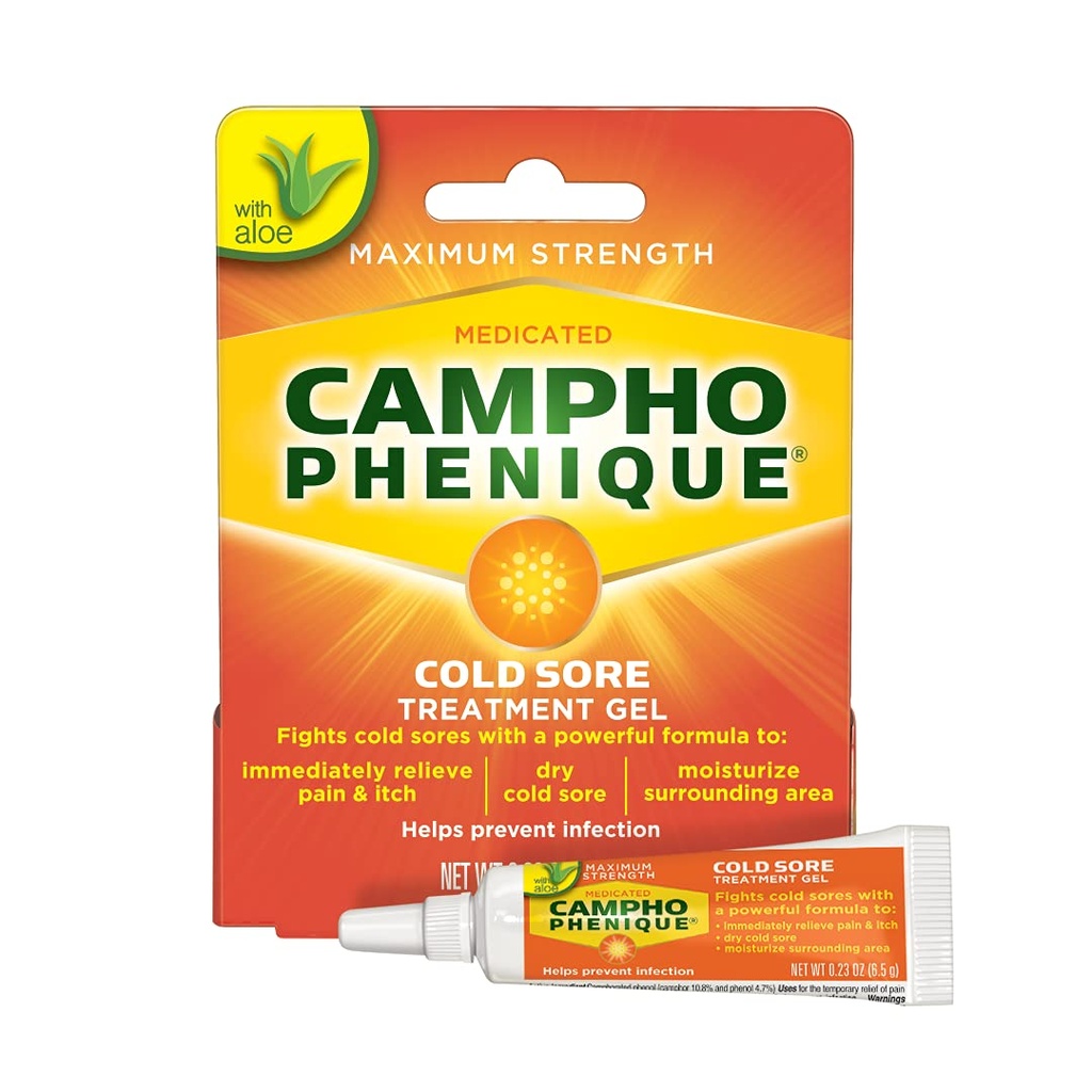 Campho Phenique Cold Sore og Fever Blister Behandling for Læber, Maksimal Styrke Giver Instant Relief, Hjælper med at forebygge infektion at fremme healing, Original Gel Formel, 0.23 Oz