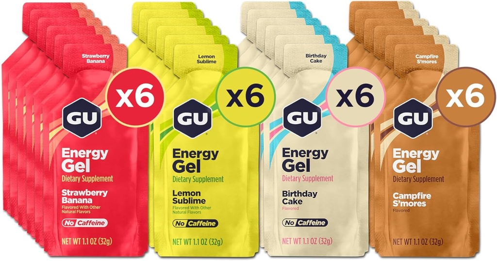 GU Energi Original Sports Nutrition Energy Gels, 24-greve, Vegan, Gluten- Free, Kosher, og Dairy- Free On- the- Go Energy for any workout, Assorted Caffe- Free Artity Pack