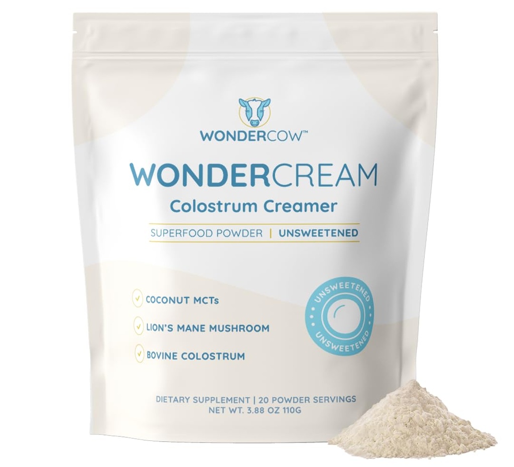 WonderCow Bovine Colostrum Superfood Creamer Supplement Powder w / Organic Lions Mane Mushroom & Coconut Milk Powder Muts 124; Functional Sugar Free Keto Coffee, Smoothie & Drink Mix Usødet
