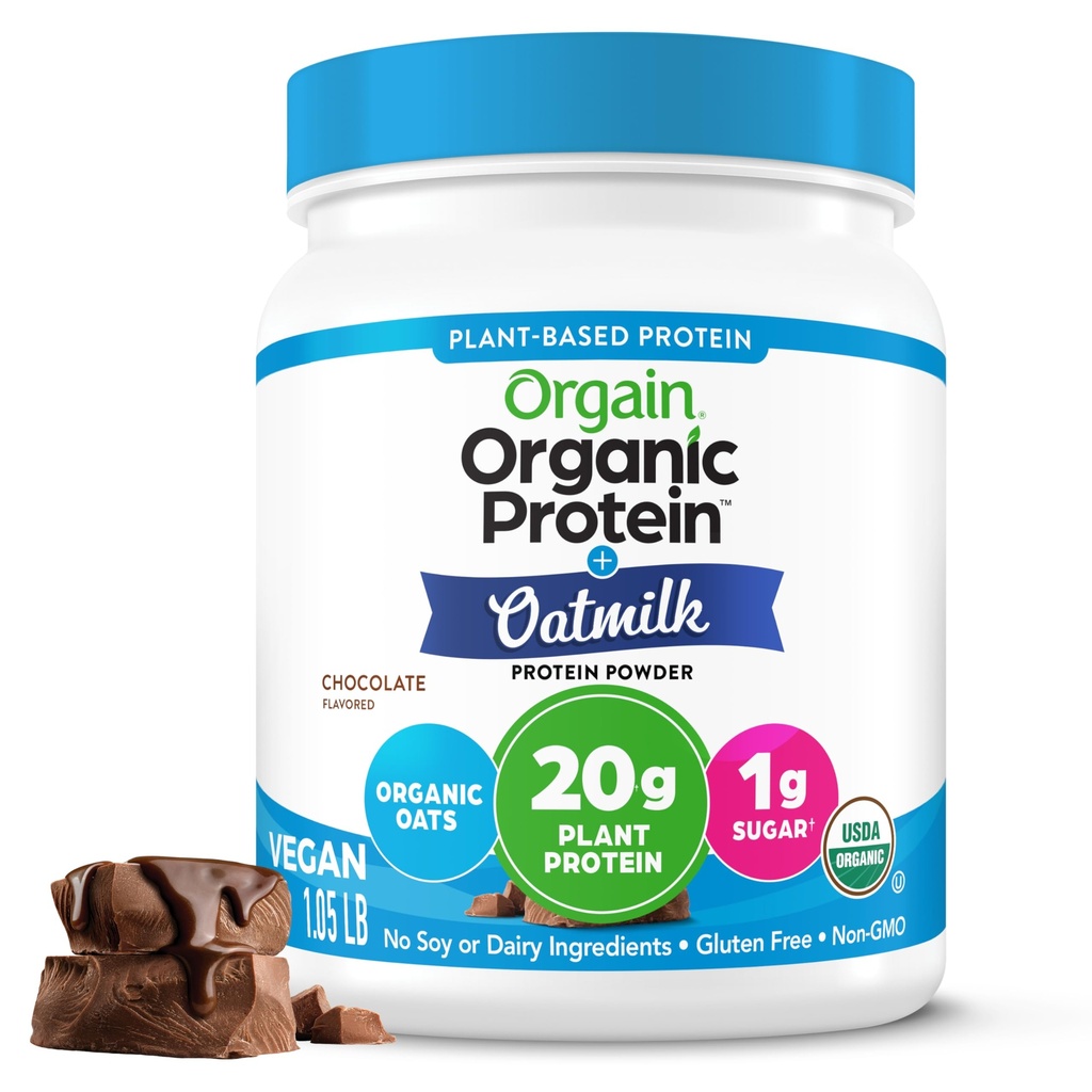 Orgain Organic Vegan Protein Powder + Havre Mælk, Chokolade - 20g Plant Protein, Gluten Free, No Dairy, Soy eller Lactose Ingredienser, Low Sugar, Non- GMO, Kosher, For Shakes & Smoothies - 1.05lb