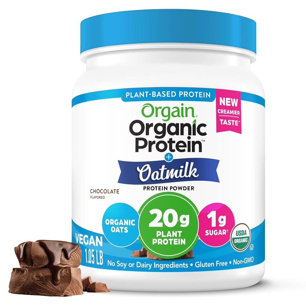 Orgain Organic Vegan Protein Powder + Havre Mælk, Chokolade - 20g Plant Protein, Gluten Free, No Dairy, Soy eller Lactose Ingredienser, Low Sugar, Non- GMO, Kosher, For Shakes & Smoothies - 1.05lb