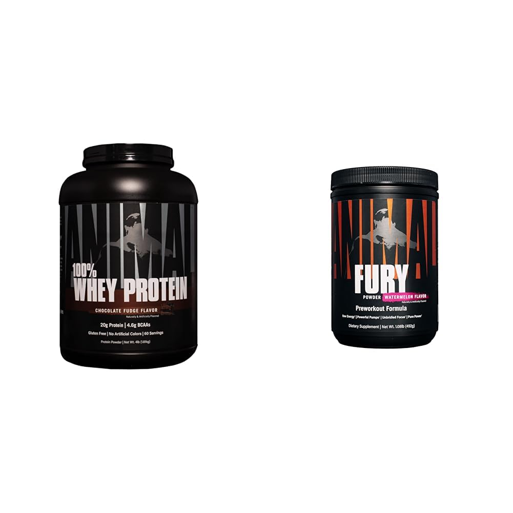 Animal 100% Whey Protein Powder - Whey Blend for præ - eller post- workout, Recovery & Fury Pre Workout Powder supplement til energi og Focus 5g BCAA 350mg Koffein Nitrogen Oxid