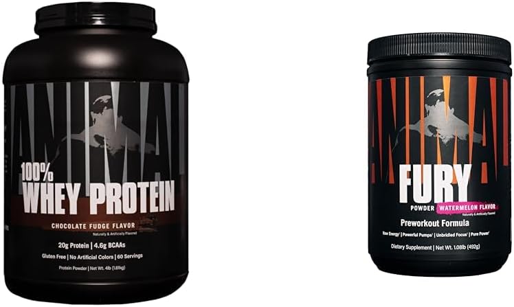 Animal 100% Whey Protein Powder - Whey Blend for præ - eller post- workout, Recovery & Fury Pre Workout Powder supplement til energi og Focus 5g BCAA 350mg Koffein Nitrogen Oxid