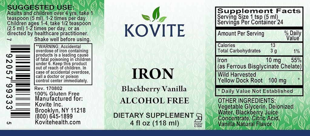 Flydende jern 10 mg - Øge energi og blodniveauer uden kvalme eller obstipation - Flydende jerndråber til mænd, kvinder og børn - BlackBerry Vanilla Flavor - 4 fl oz. Kosher Certificeret