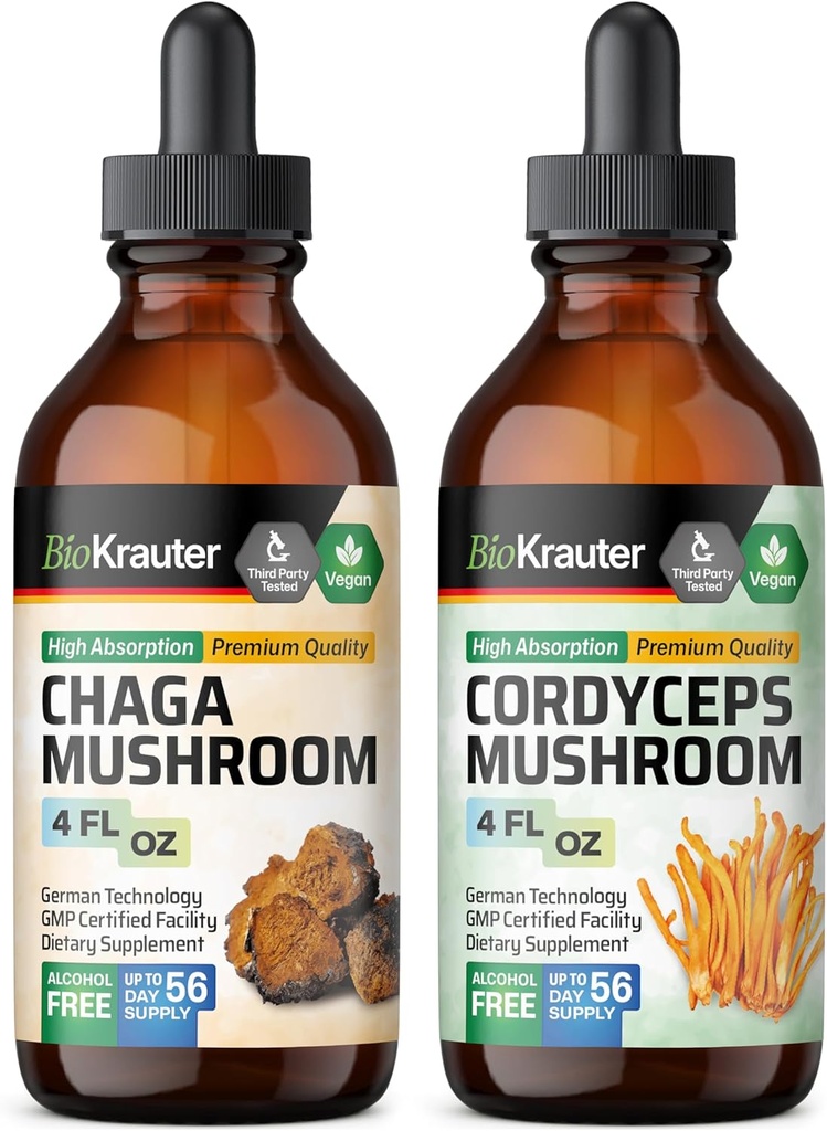 BIO KRAUTER Chaga Mushroom Tinktur 4 Fl. Oz. & Cordyceps Mushroom Tinktur 4 Fl. Oz.