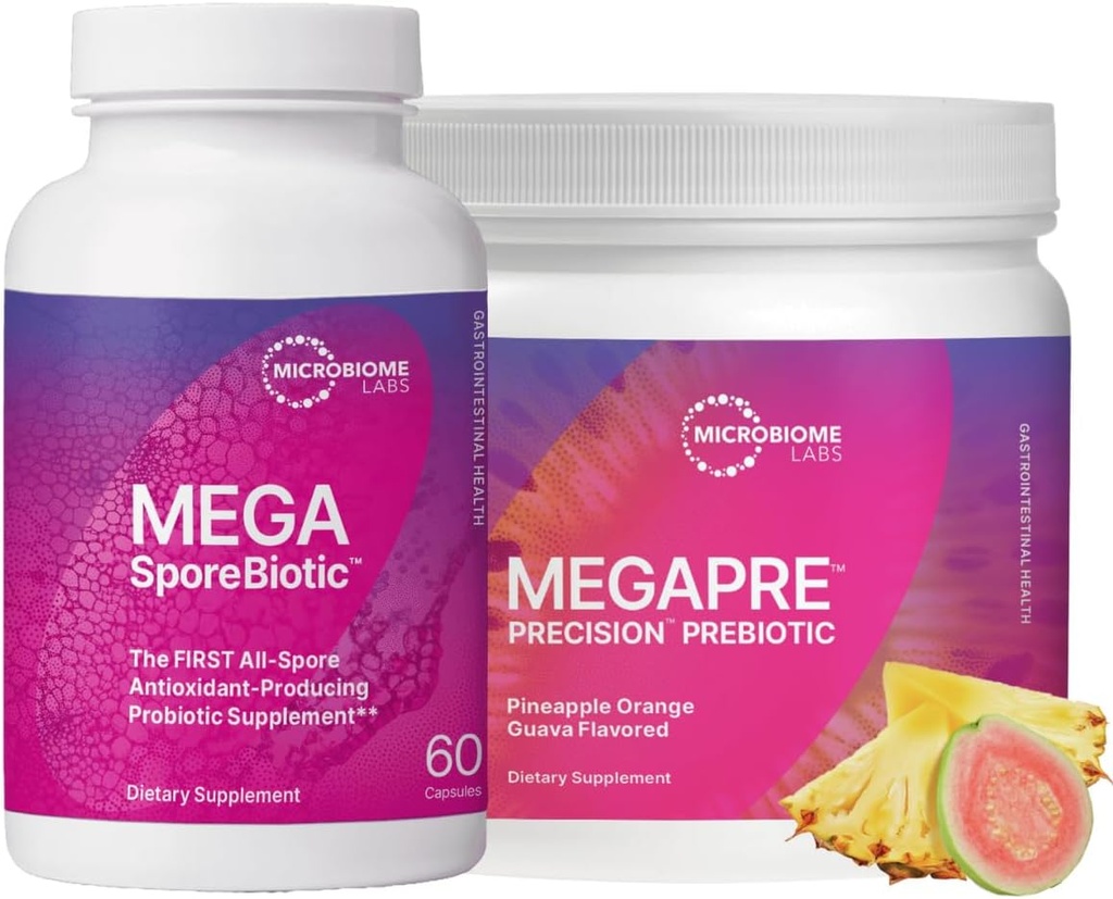 Microbiome Labs MegaSporeBiotic (60 Capsules) + MegaPre (5.5 oz Powder) Probiotic Prebiotic Bundle - Spore-Based Probiotic with Prebiotic Fiber Powder