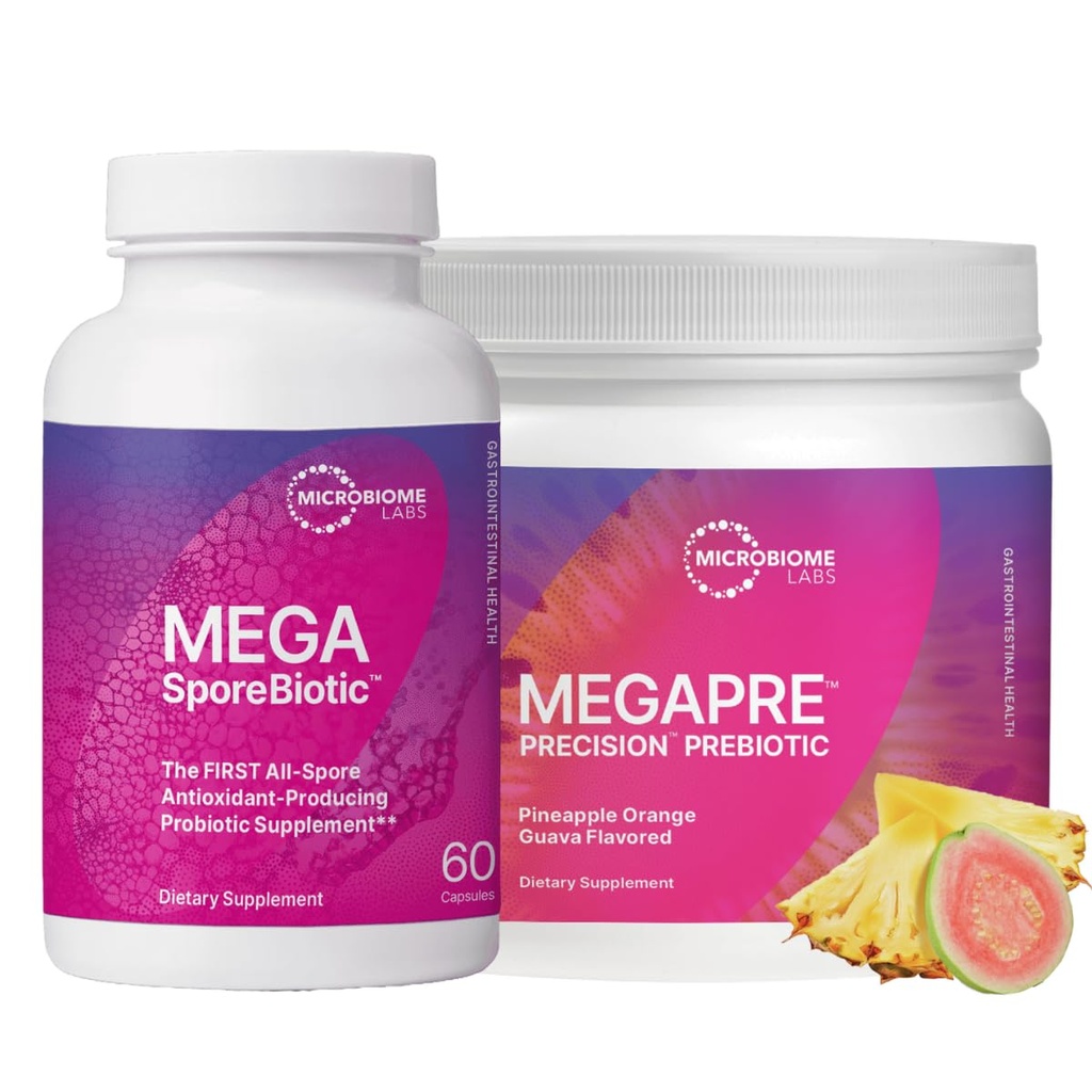 Mikrobiom Labs MegaSporeBiotic (60 kapsler) + MegaPre (5, 5 oz pulver) Probiotisk Prebiotic Bundle - Spore- Based Probiotic med Prebiotic Fiber pulver