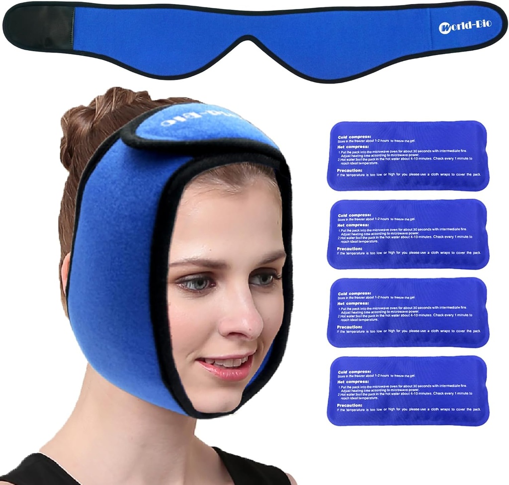 Face Ice Pack Wrap for TMJ, Visdom Tænder, WORLD-BIO Jaw Wrap med 4 Genanvendelige varm kold terapi Gel pakker til hoved, Chin, Oral og ansigtskirurgi, Smerte Relief for hævelse, skader, tandimplantater