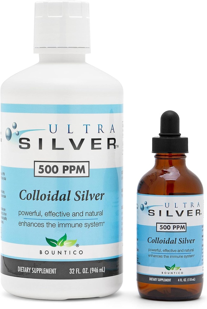 Ultra Silver ® kolloid sølv • 124; 500 PPM, 32 Oz (946mL) • 124; Mineral supplement • 124; True kolloid sølv - 4 oz dropper flaske (tom) Inkluderet til dispensering!