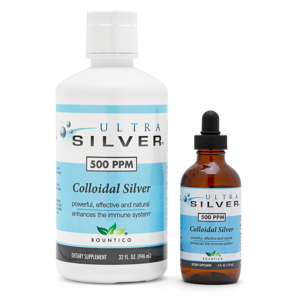 Ultra Silver ® kolloid sølv • 124; 500 PPM, 32 Oz (946mL) • 124; Mineral supplement • 124; True kolloid sølv - 4 oz dropper flaske (tom) Inkluderet til dispensering!