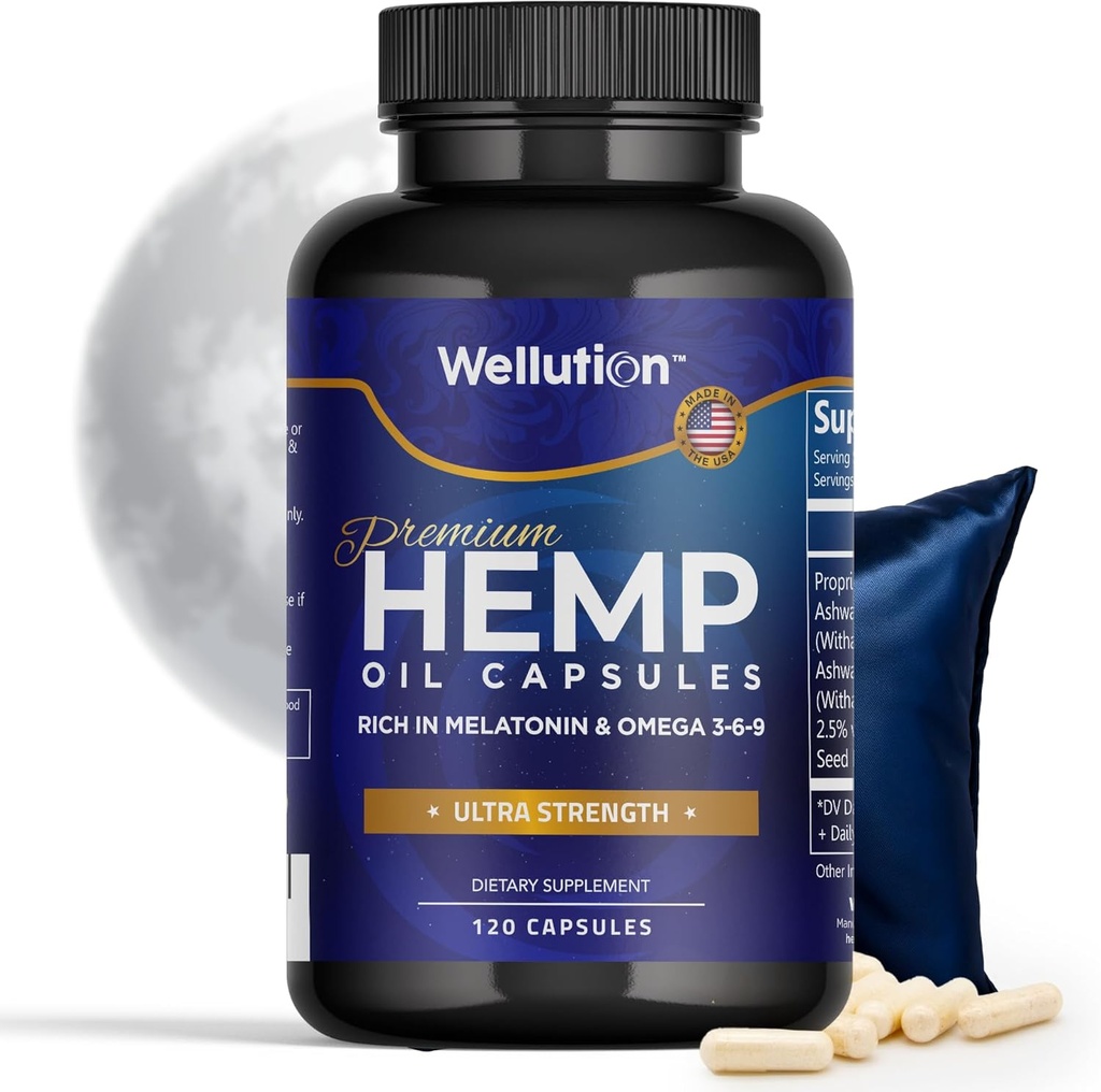 WELLUTION Hemp Oil Capsules - 120 Count - Stress & Sleep Support with Ashwagandha & Melatonin - Made in USA
