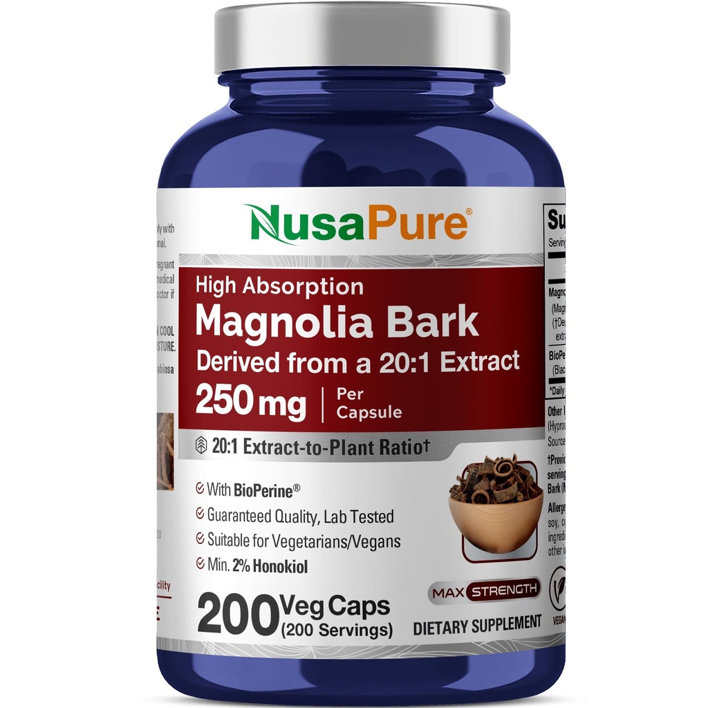 NusaPure Magnolia Bark 20: 1 Extract, 250 mg Ækvivalent med 5000 mg 200 Vegetariske kapsler Non- GMO