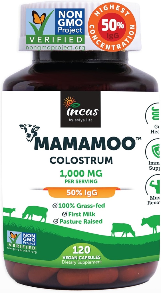MamaMoo ™ Colostrum Powder > 50% IgG, Grass Fed, First Non GMO Verified Colostrum, Gut Health Bloating Immunity Skin & Hår, Indeholder 400 + bioaktive næringsstoffer, tredjeparts Lab Testet (120 kapsler)