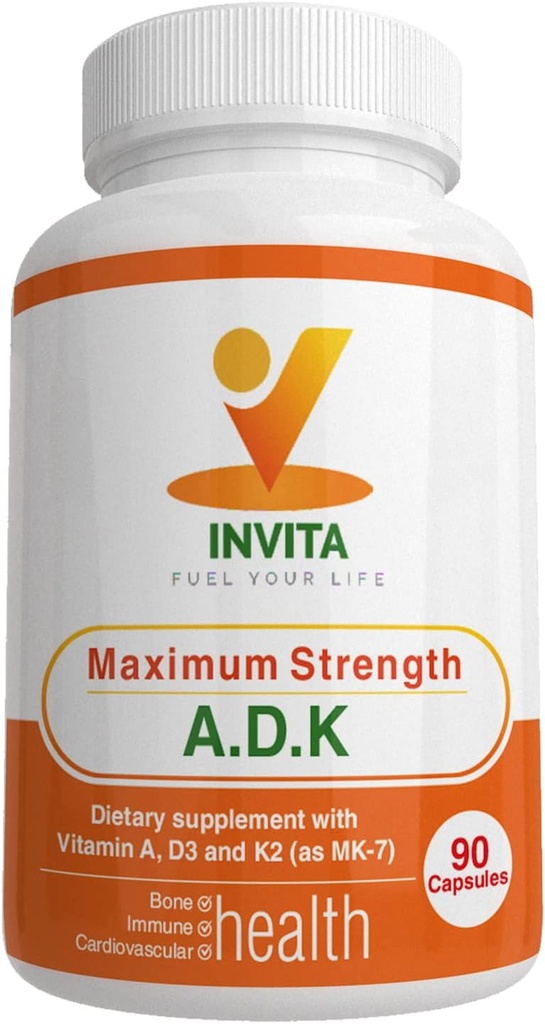INVITA ADK - Vitamin A1, vitamin D3 5000 IE & K2 MK7 Supplement - Læge Formuleret Bone & Immunsystem Support - Gluten Free, Non- GMO - 90 Vegetariske kapsler til mænd og kvinder