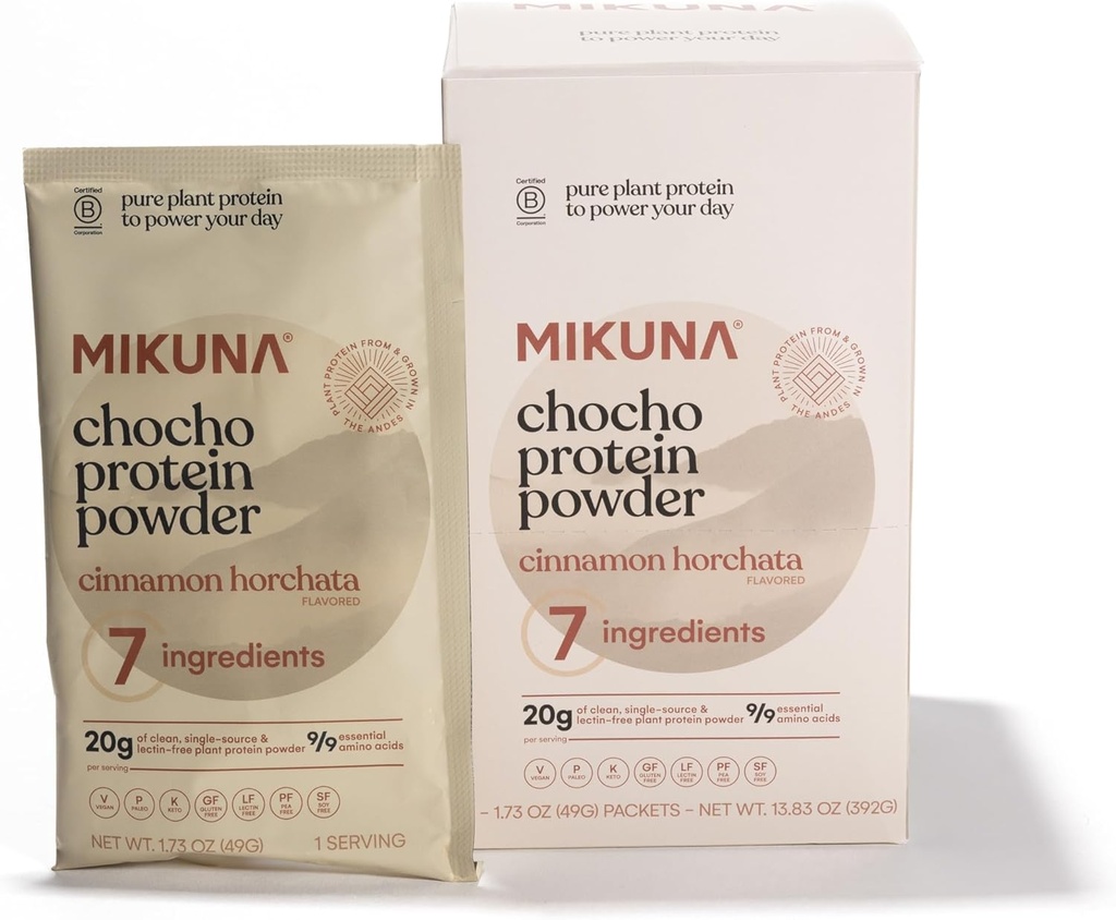 Mikuna Chocho Superfood Protein, Plant- baseret protein pulver - Vegan, Gluten Free, 3g Net Carbs eller mindre, og biotilgængelig, Ikke-isolat (8 Servere, kanel Horchata)