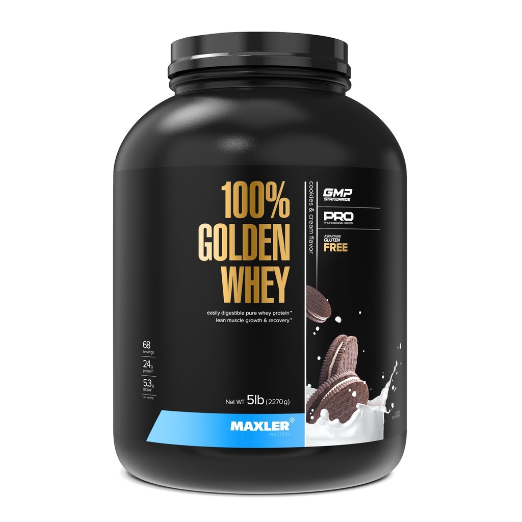 Maxler 100% Golden Whey Protein - 24g protein per servering - Premium Whey Protein Powder for Pre Post Workout - Fast- Absorbing Whey koncentrat, Isolere & Hydrolysate Blend - Cookies & Cream 5 LB