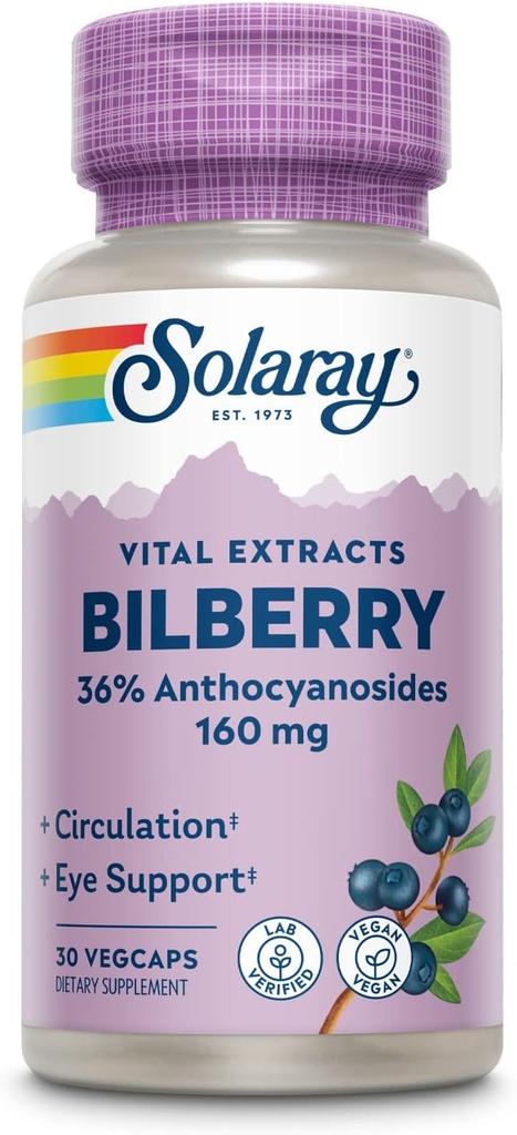SOLARAY Bilberry Extract 160 mg, Eye Health & Circulation Support, 36% Antocyanosider Plus Blåbær, Vegan, 30 VegCaps
