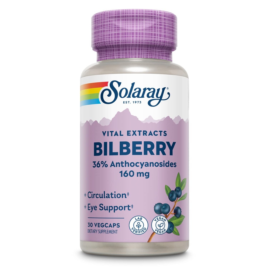 SOLARAY Bilberry Extract 160 mg, Eye Health & Circulation Support, 36% Antocyanosider Plus Blåbær, Vegan, 30 VegCaps