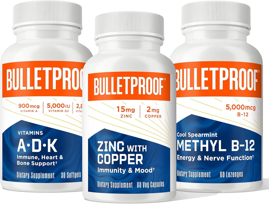 Skudsikker Triple Threat Strength Bundle, Vitaminer A- D- K, 30 Softgels, Zink med kobber, 60 kapsler, Methyl B- 12, Spearmint Flavor, 60 Lozenges