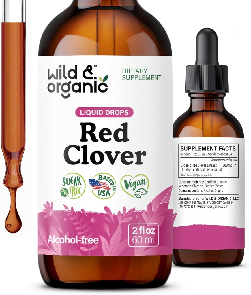 Wild & Organic Red Clover Extract Drops - Menopause Kosttilskud til kvinder - 600 mg flydende rød Clover Tinktur - 1-måned Tilgang - Trifolium Pratense Blossom - Sugar & Alcohol- Free - 2 oz