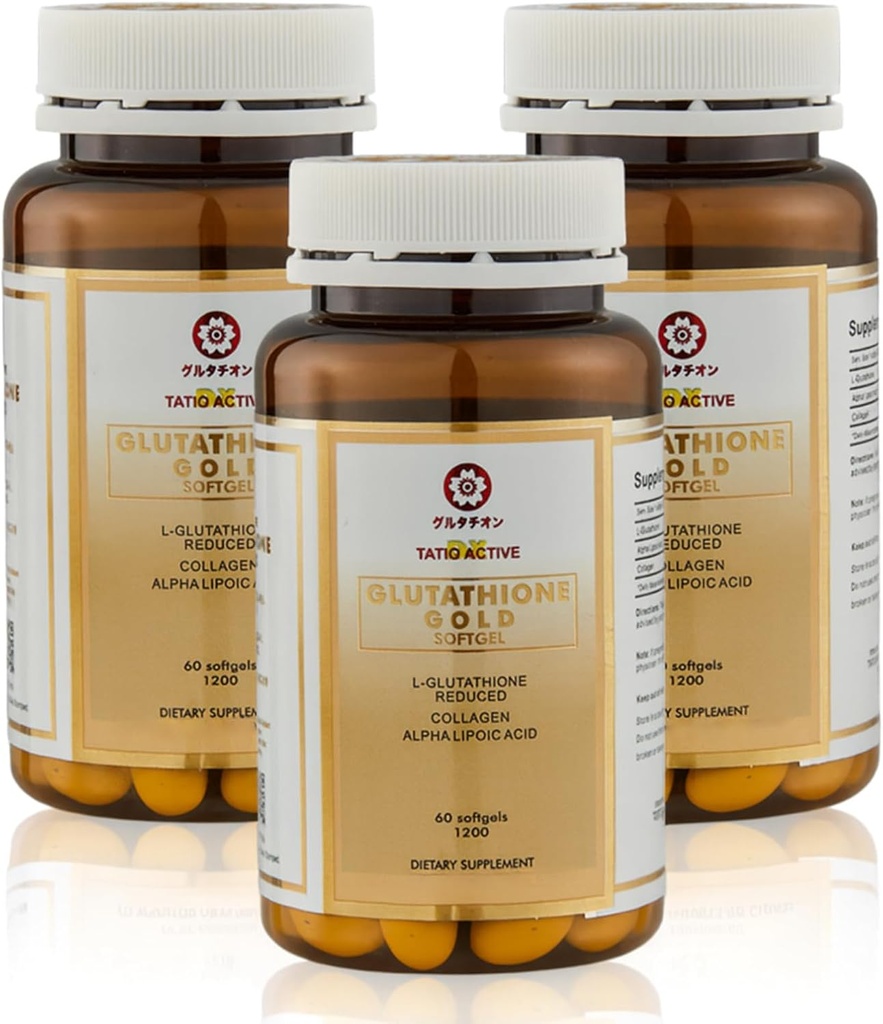 Lavet i Japan Advanced Gold Glutathione kapsler med kollagen, C-vitamin og antioxidanter supplement til Radiant, Youthful- Looking Skin, Collagen produktion & selv hud Tone - 3 flasker