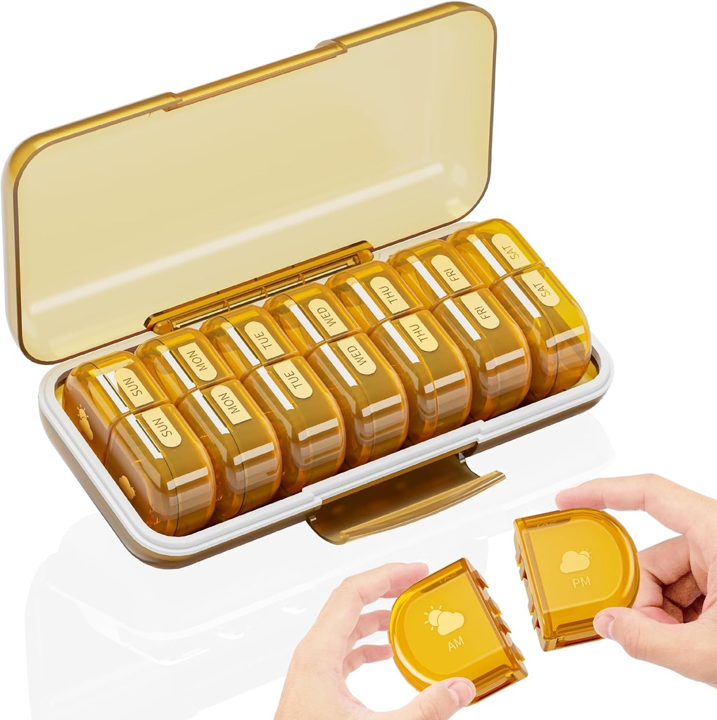 Ugentlig Pill Organizer 2 gange om dagen, Stor 7 Day Am Pm Pm Pill Box - Acedada to gange daglig Pill sag med Aftagelig Dag Night Design, Medicin Container Holder for Vitamin, Fiskeolier, Kosttilskud, Amber