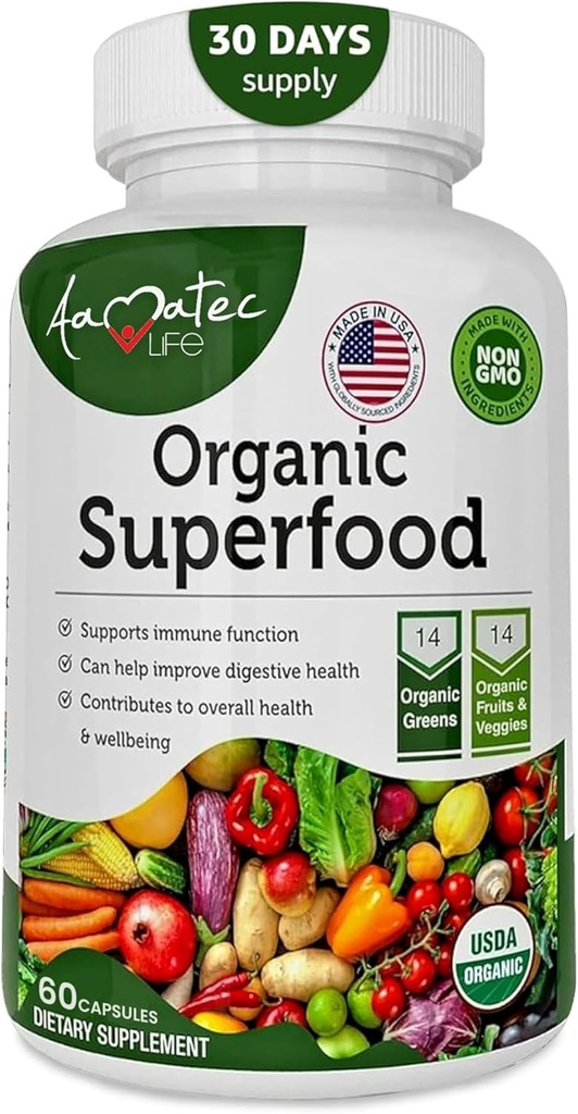 Organic Superfood Greens Fruits and Veggies Complex - Dietary Supplement with 14 Greens and 14 Fruits & Vegetables with Alfalfa Rich in Antioxidant Organic Ingredients Non-GMO 60 Capsules