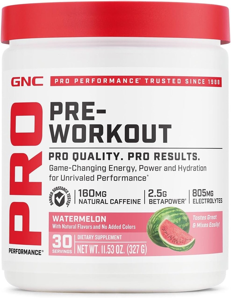 GNC Pro Performance Pre Workout Pulver til mænd og kvinder, Energi, Hydration, og fokus, Sukker fri, Gluten fri, Performance Supplement, Watermelon, 30 Servering