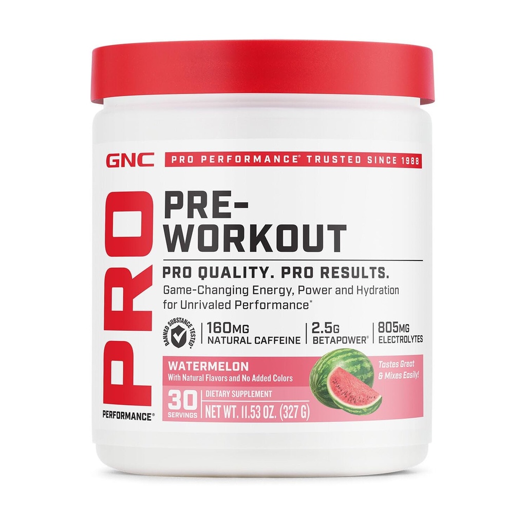GNC Pro Performance Pre Workout Pulver til mænd og kvinder, Energi, Hydration, og fokus, Sukker fri, Gluten fri, Performance Supplement, Watermelon, 30 Servering