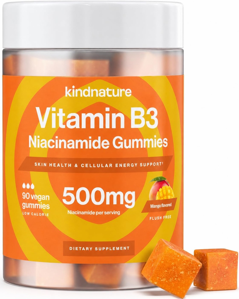 kindnature Vitamin B3 Niacin Gummies - Flush Free Niacinamid 500mg Supplement - Vegan, Non- GMO, Low- Calorie, Gluten- Free, Soy- Fee, 3. part Lab Testet - 1 måned Supply, 90 Chewable Gumies