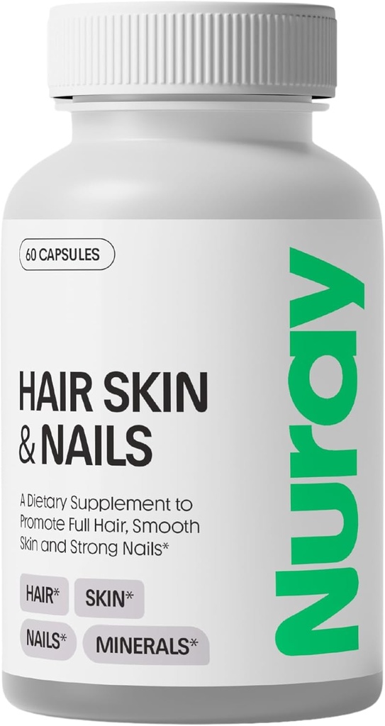Nuray Hår, Hud & Nails Vitaminer - Biotin, Collagen & Hyaluronsyre - Avanceret hårvækst supplement - fremmer skønhed, hudstråling, & Nail Styrke - med vitamin B kompleks - 60 kapsler