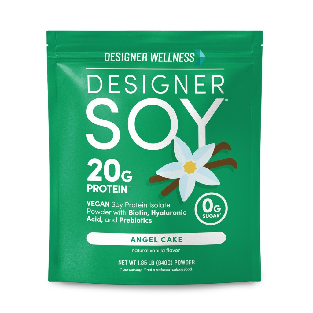 Designer Wellness, Soy Isolate Protein Powder with Biotin, Hyaluronic Acid, and Prebiotics, Vegan, 0 Sugar, Non- GMO, Angel Cake Vanilla, 1,87 lb