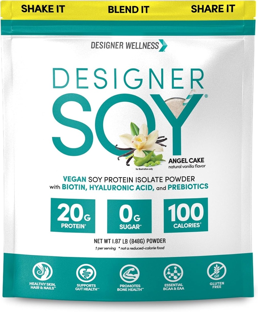 Designer Wellness, Soy Isolate Protein Powder with Biotin, Hyaluronic Acid, and Prebiotics, Vegan, 0 Sugar, Non- GMO, Angel Cake Vanilla, 1,87 lb