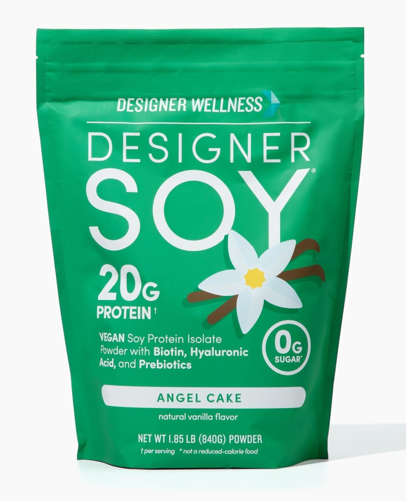 Designer Wellness, Soy Isolate Protein Powder with Biotin, Hyaluronic Acid, and Prebiotics, Vegan, 0 Sugar, Non- GMO, Angel Cake Vanilla, 1,87 lb