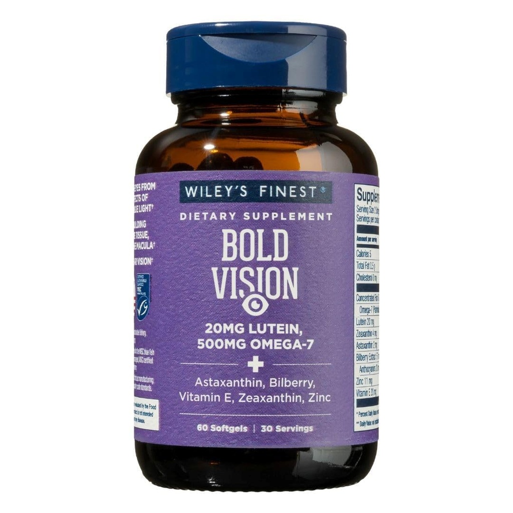 Wiley 's Finest Wild Alaska Fish Oil Fed Vision - Fish Oil Eye Health Supplement med Lutein, Zeaxanthin, Bilberry, Omega-7, Vitamin E, og Zink - 60 Softgels (30 Servere)