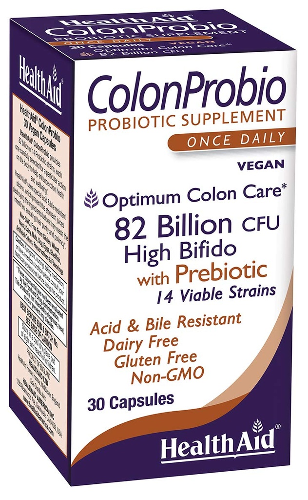 HealthAid ColonProbio 82 Millioner med Prebiotic, 14 Stammer, En gang dagligt, 30ct, Optimum Colon Care, Acid & Bile resistent, Dairy Free, Gluten Free, Non- GMO
